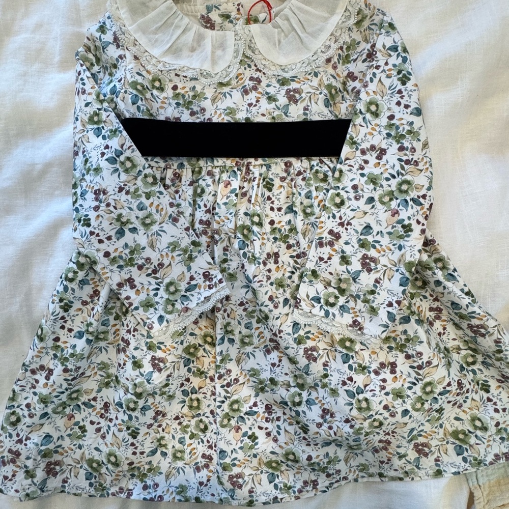 Floral Ruffle Collar Girls' Long-Sleeve Dress Top - White & Green